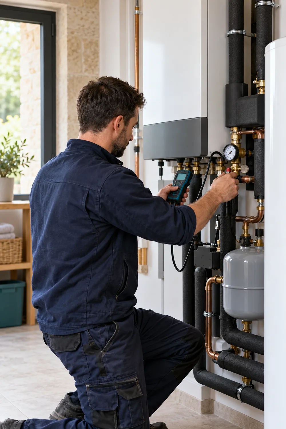 Illustration d’un technicien contrôlant une installation de pompe à chaleur résidentielle